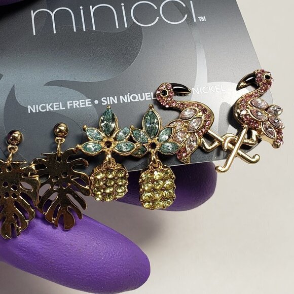 Minicci 3 Pairs of Gold-Tone Crystal Post Drop Earrings, Flamingo, Leaf, Flower - Picture 7 of 11